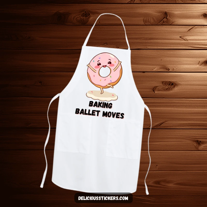 Funny apron depicting a joyful donut character performing a ballet twirl on frosting, perfect for a fun baker.