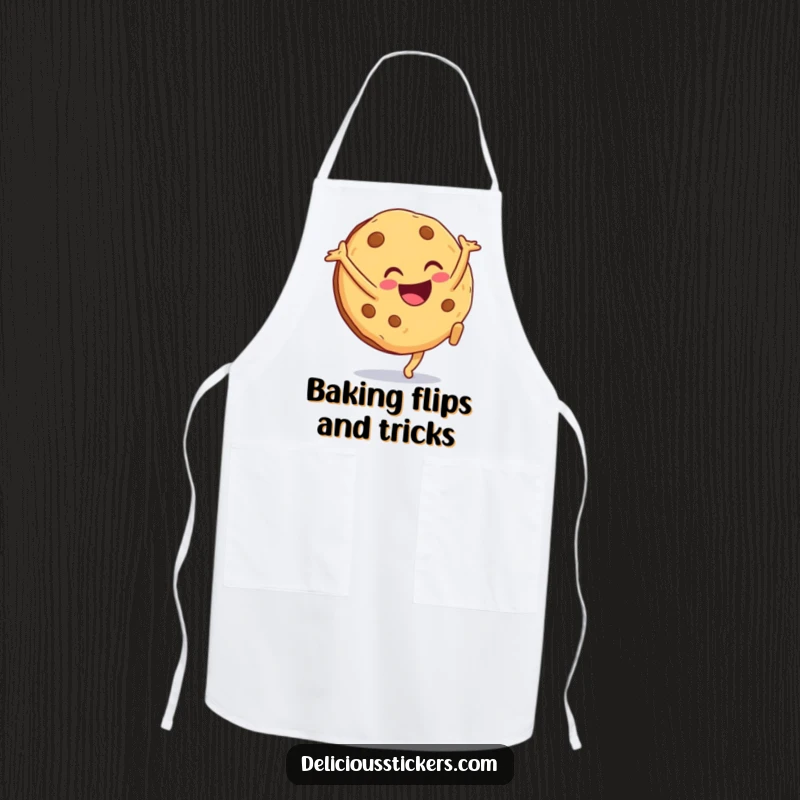 Funny cookie apron character doing a cartwheel with a smile while in the kitchen, adding a humorous and practical touch.