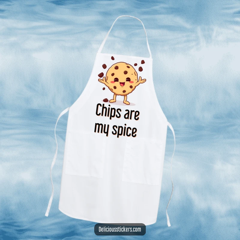 Funny mischievous cookie character juggling chocolate chips on an apron, adding playful flair to cooking and baking activities.