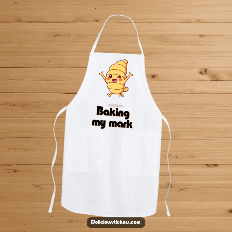 Funny croissant leap apron, a cheerful croissant character leaping into the air, great for kitchen wear.