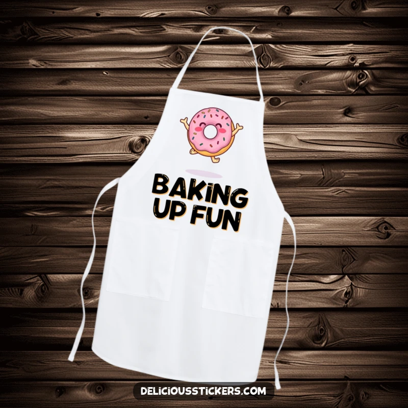 Funny Apron depicting a donut character with sprinkles doing a lively dance, perfect for adding humor to cooking and baking.
