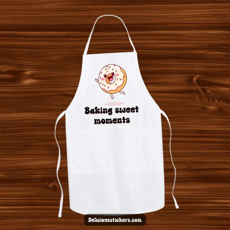 Funny donut apron with sprinkles cartwheeling, cartoon kitchen garment, a humorous and sweet baking accessory.