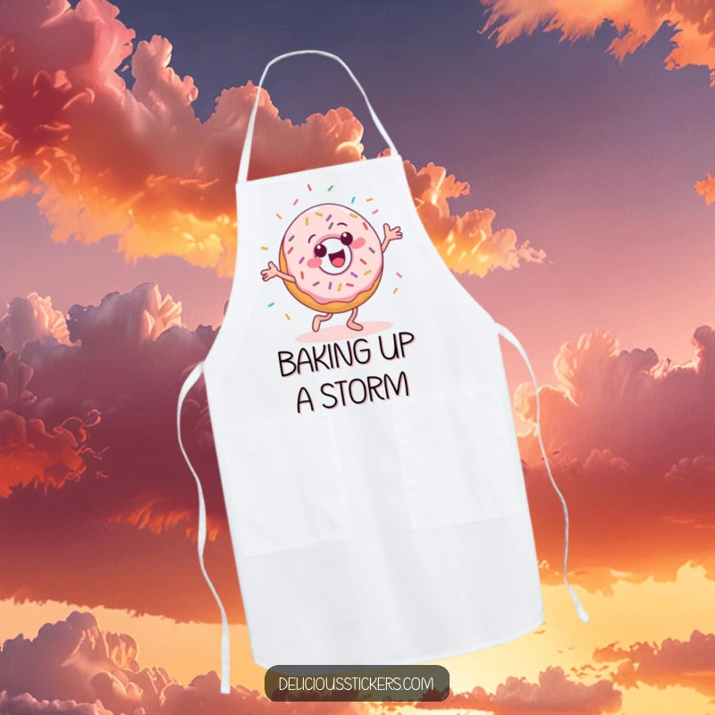 Funny apron with a cheerful donut character in a silly dance pose, sprinkles flying.