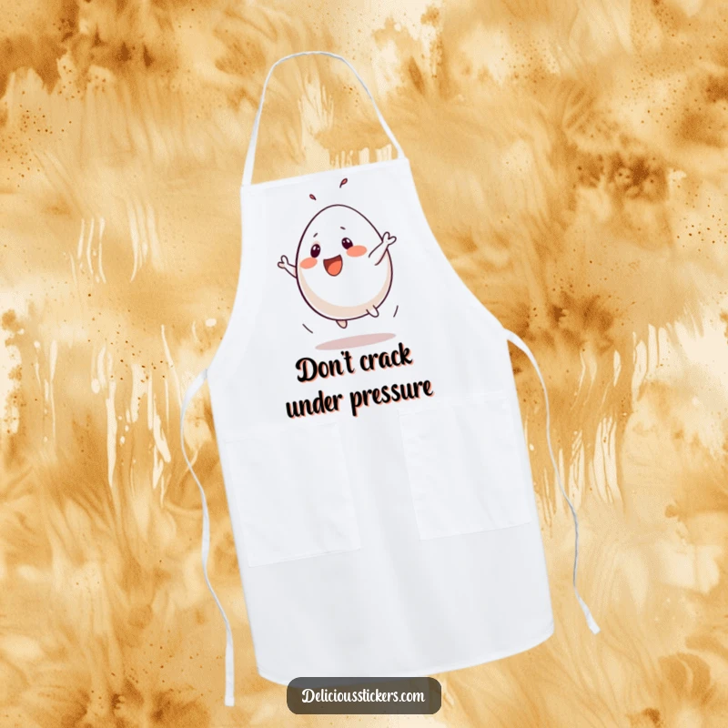 Funny apron showcasing a playful egg character doing a silly flip, perfect for kitchen fun and breakfast lovers.