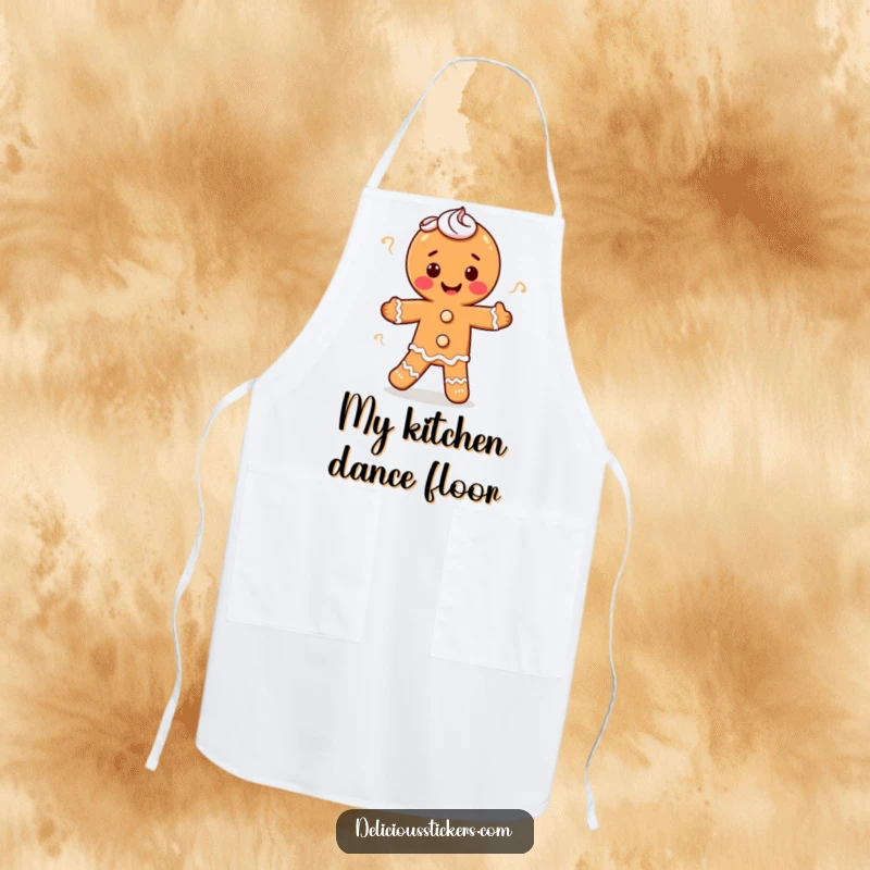 Funny gingerbread man doing a jig with frosting swirls, this apron adds holiday humor to the kitchen, a great funny gift.