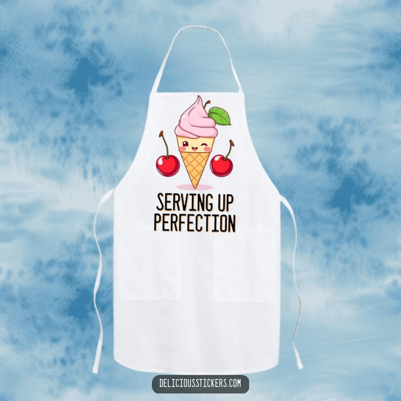 Funny ice cream cone balancing cherries, this apron adds sweet humor to the kitchen, a great funny gift.
