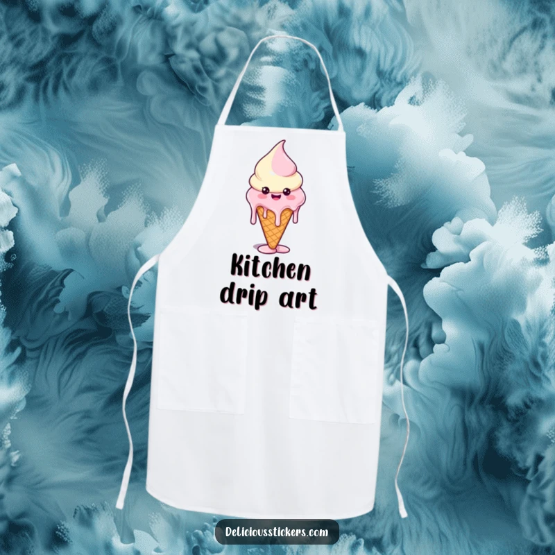 Funny apron with a happy ice cream cone character whose melting drips form funny shapes, perfect for a playful kitchen.