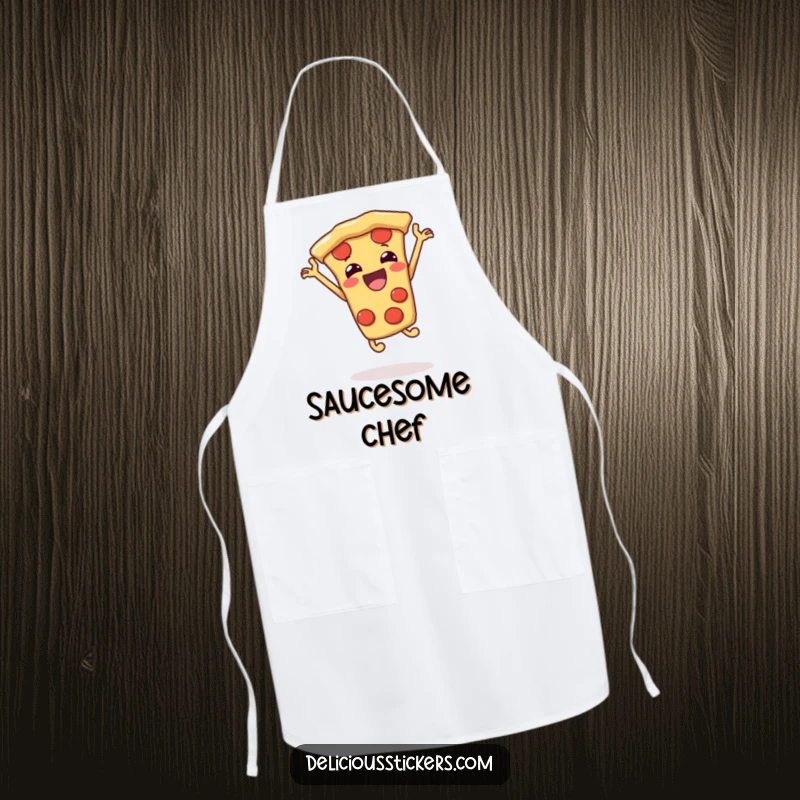 Funny pizza slice apron jumping, cartoon cooking garment, a humorous and practical kitchen accessory.