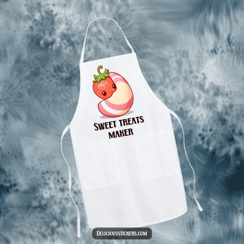 Funny shy strawberry apron, a strawberry peeks shyly from behind a large candy, a charming kitchen accessory for sweet bakers.