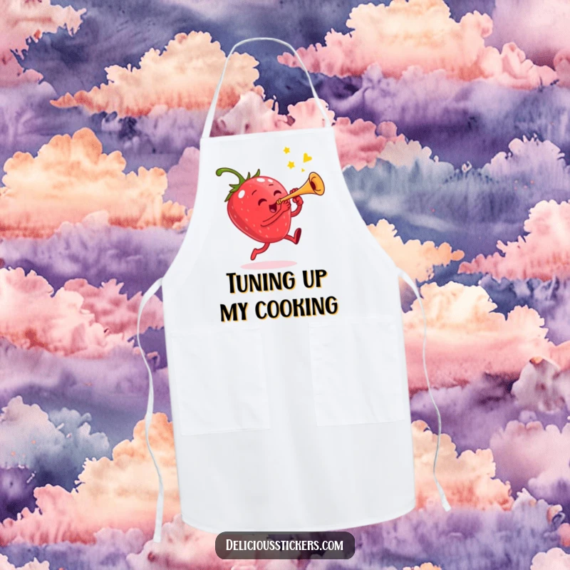 Funny apron featuring a jumping strawberry character playing a small trumpet, ideal for kitchen use.