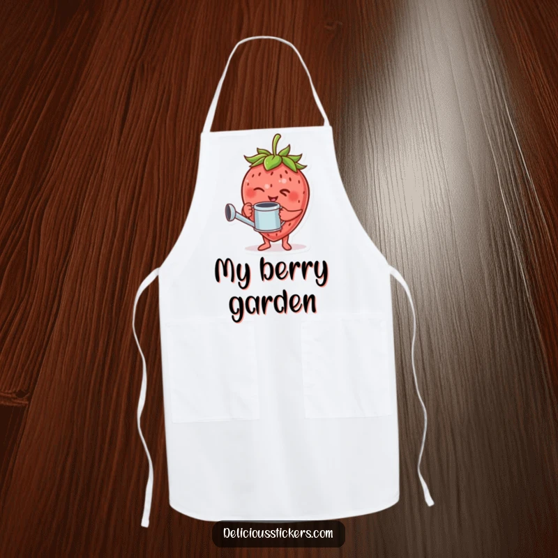 Funny apron with a giggling strawberry character holding a watering can and giving a wink.