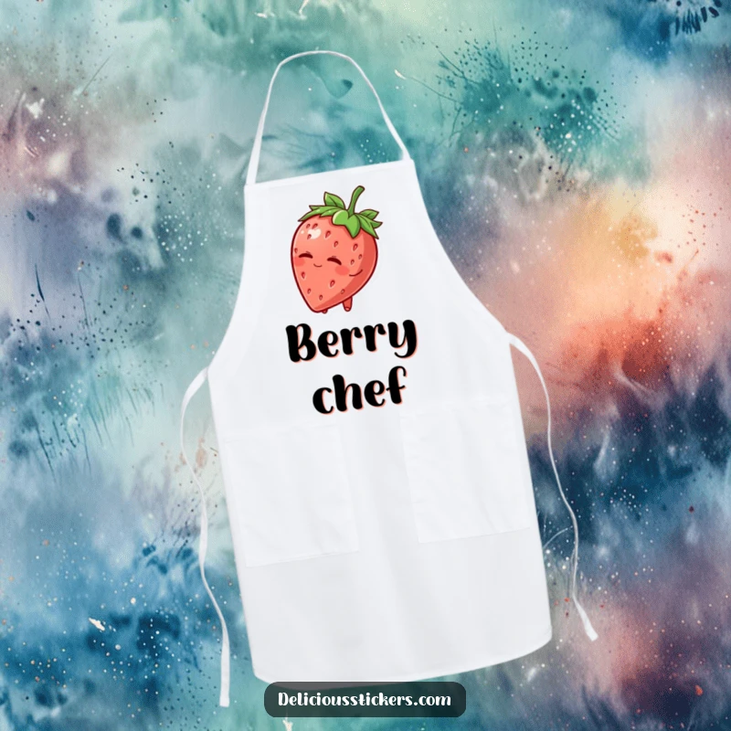 Funny Apron: A charming strawberry character tips its leafy hat and winks, ready to add a sprinkle of fun to your cooking.