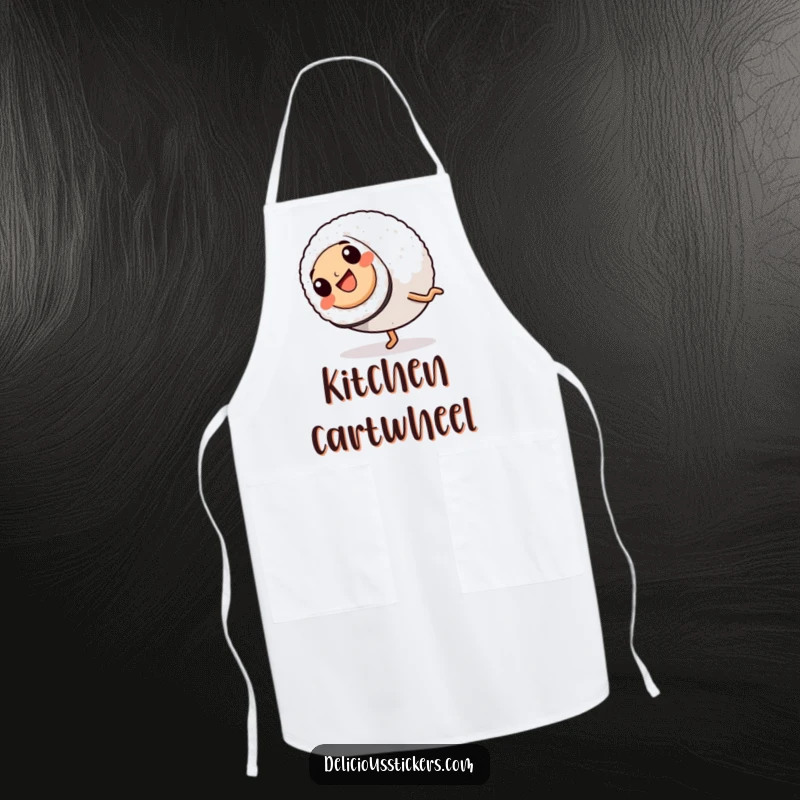 Funny Apron: A sushi roll with legs performs a cheerful cartwheel, ready to add a dash of playful energy to your kitchen tasks.