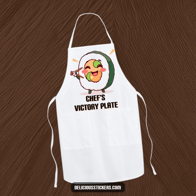 Funny sushi roll striking a victory pose with chopsticks, this apron adds foodie humor to the kitchen, a great funny gift.