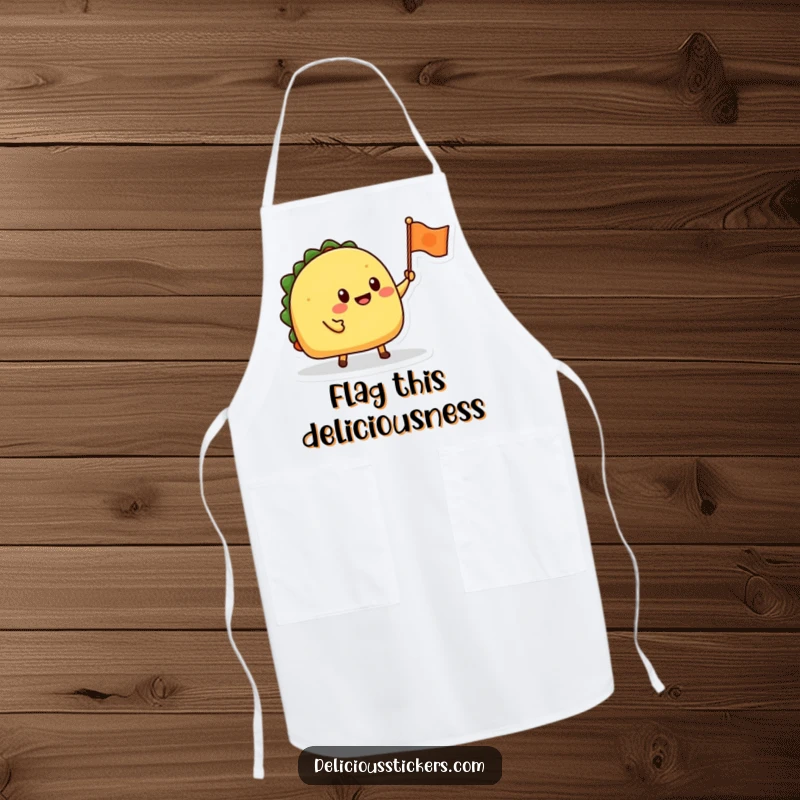 Funny apron featuring a cheerful taco character waving a small flag, ideal for cooking or hosting parties.