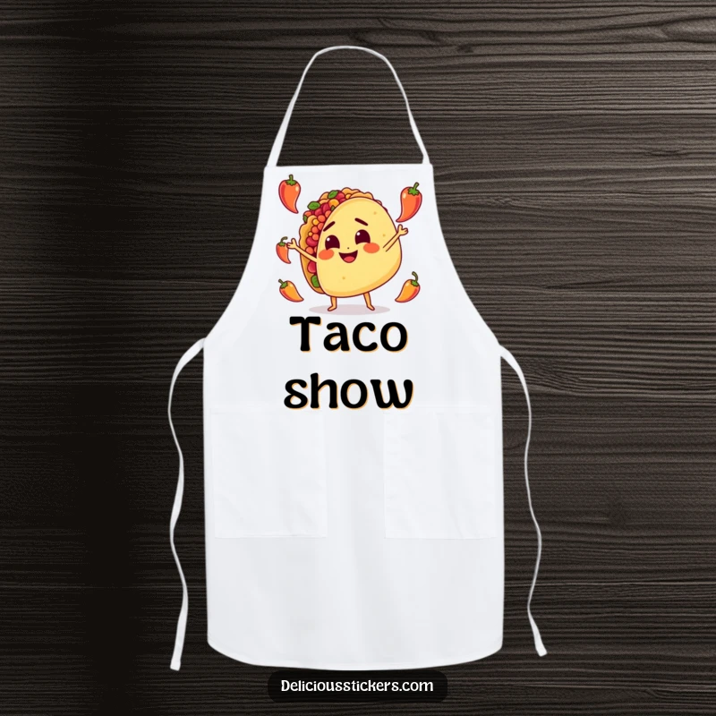 Funny Apron: A determined taco character skillfully juggles miniature hot peppers, ready to add spice to your cooking and your day.