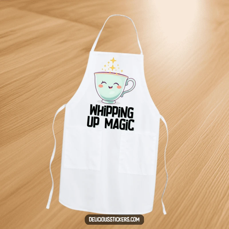 Funny Teacup Apron displaying a winking teacup character pouring a cascade of sparkles, ready for kitchen magic.
