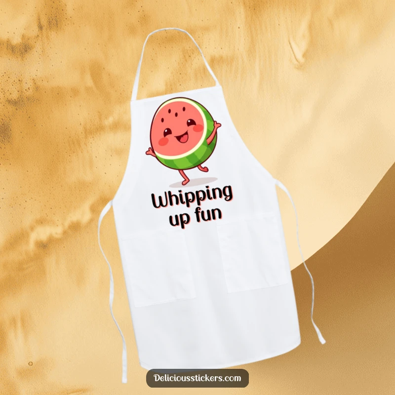 Funny grinning watermelon slice apron, the fruit dances joyfully, making it a fun kitchen accessory for summer parties.