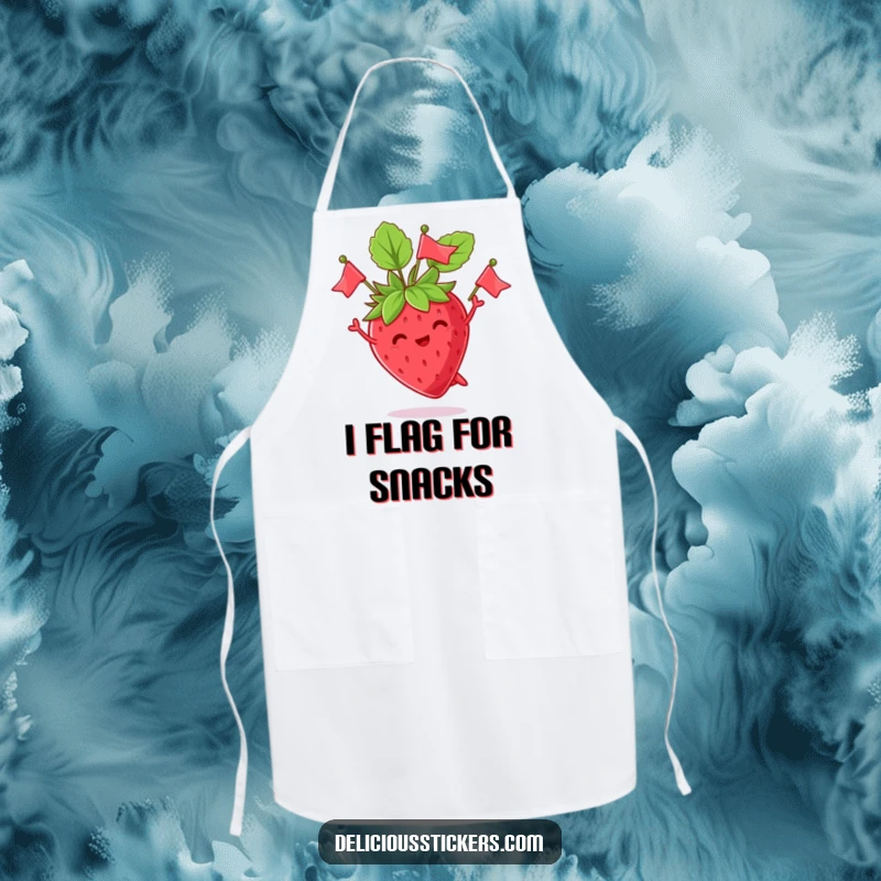 Funny apron depicting a cheerful strawberry character juggling its leaves like tiny flags, ideal for adding humor to any kitchen activity.