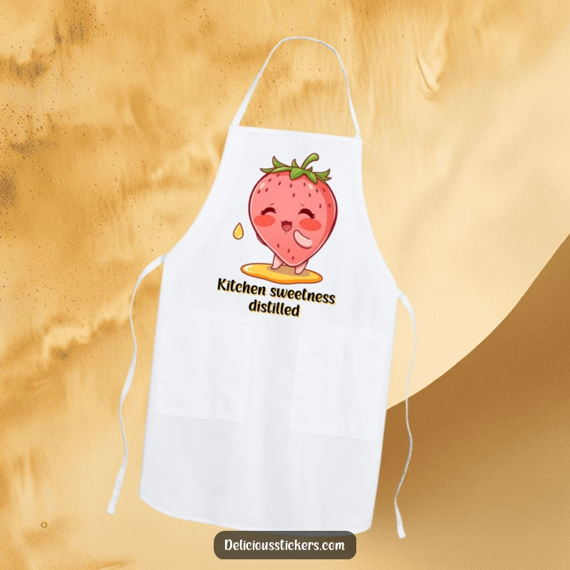 Funny Apron: A blushing strawberry character trying to catch a syrup drop, adding cartoon sweetness to kitchen duties.