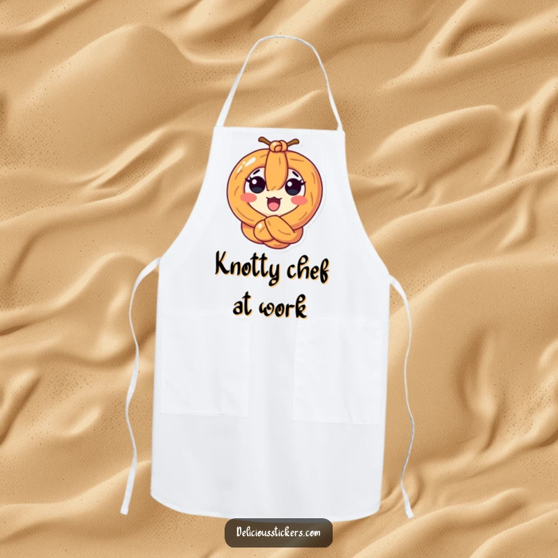 Funny surprised pretzel character tied in a knot on a humorous kitchen apron, perfect for baking fun.
