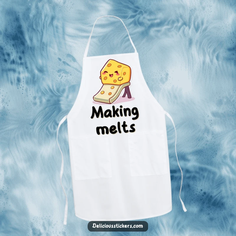 Funny winking cheese apron, a slice of cheese slides down a slide with a wink, a fun kitchen accessory for cheese lovers.