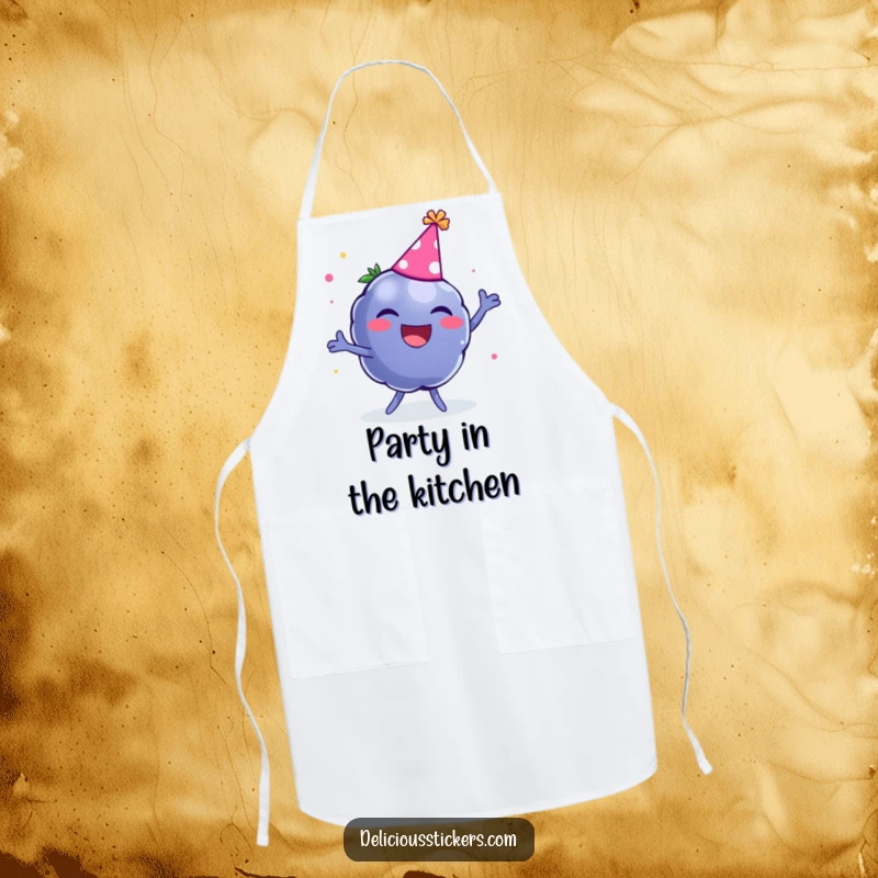 Funny apron featuring a laughing blueberry wearing a party hat and dancing, ideal for kitchen use.