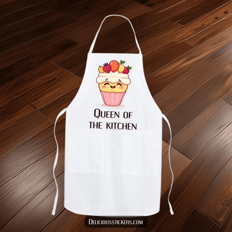 Funny apron with a giggling cupcake character trying to wear a fruit crown, ideal for bakers who enjoy sweet humor.