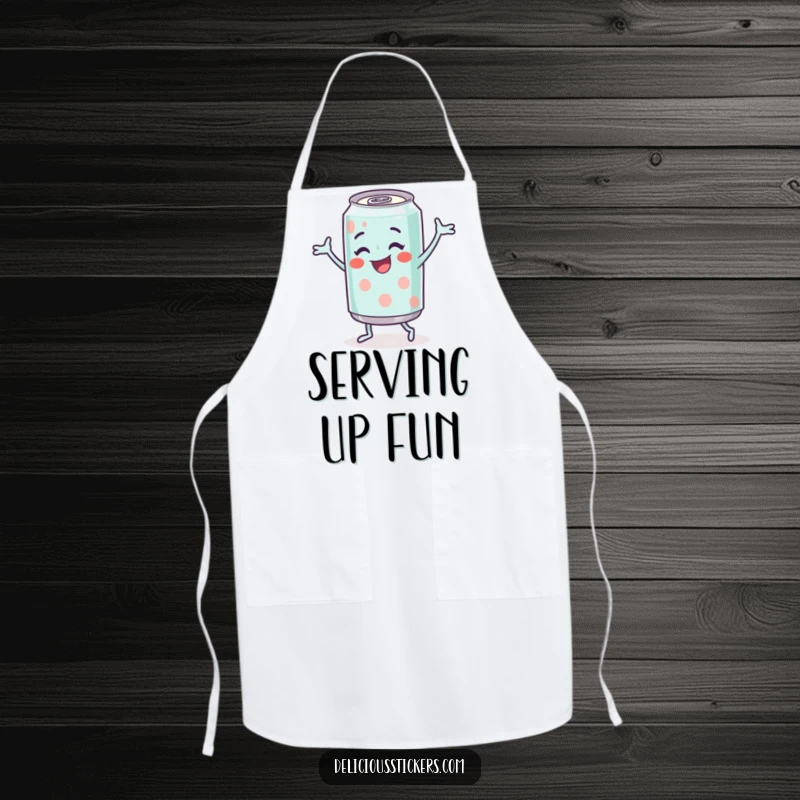Funny Soda Can Apron displaying a cheerful soda can character doing a happydance, ideal for kitchen fun.