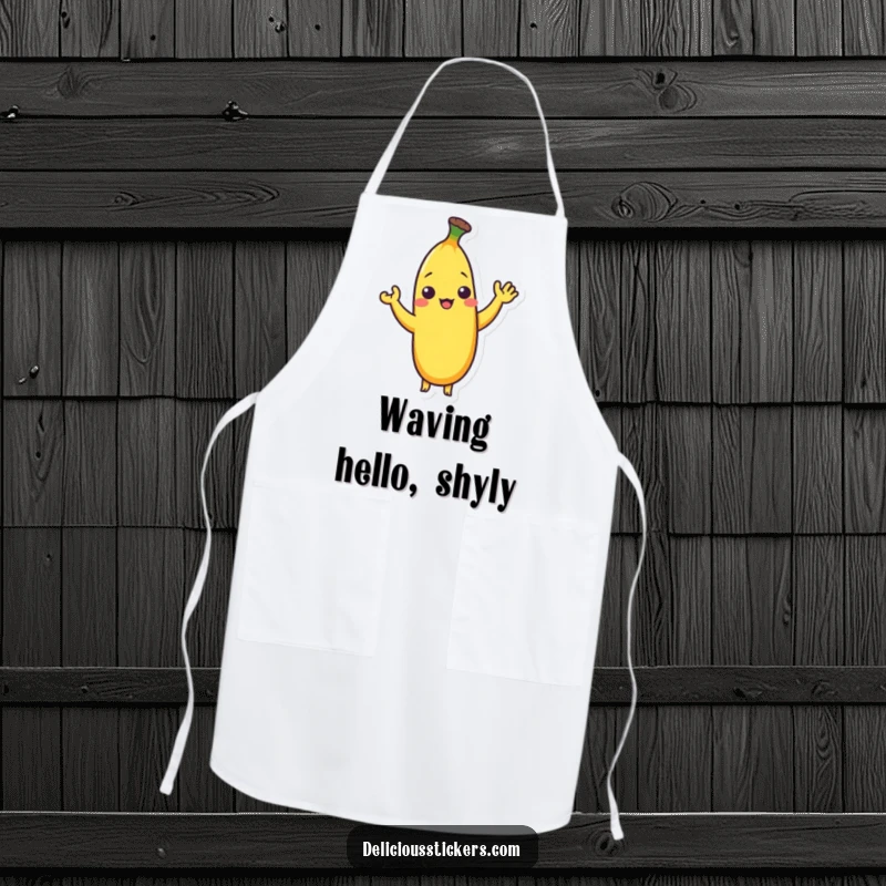 Funny apron featuring a shy banana character giving a small, silly wave, perfect for kitchen use.