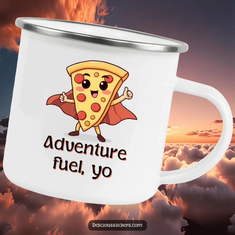 Funny Hero Pizza Slice Camping Mug: A proud pizza slice in a cape poses heroically, ready for outdoor beverages.
