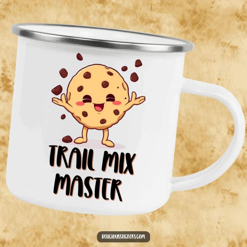 Funny mischievous cookie character juggling chocolate chips on a camping mug, perfect for enjoying snacks with playful, outdoor humor.