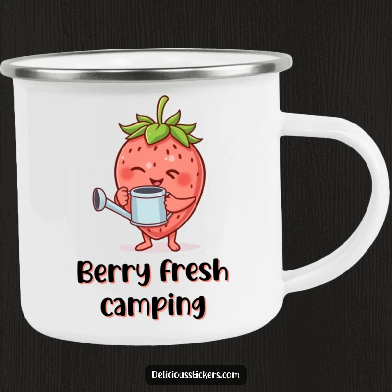 Funny camping mug with a giggling strawberry character holding a tiny watering can and winking.