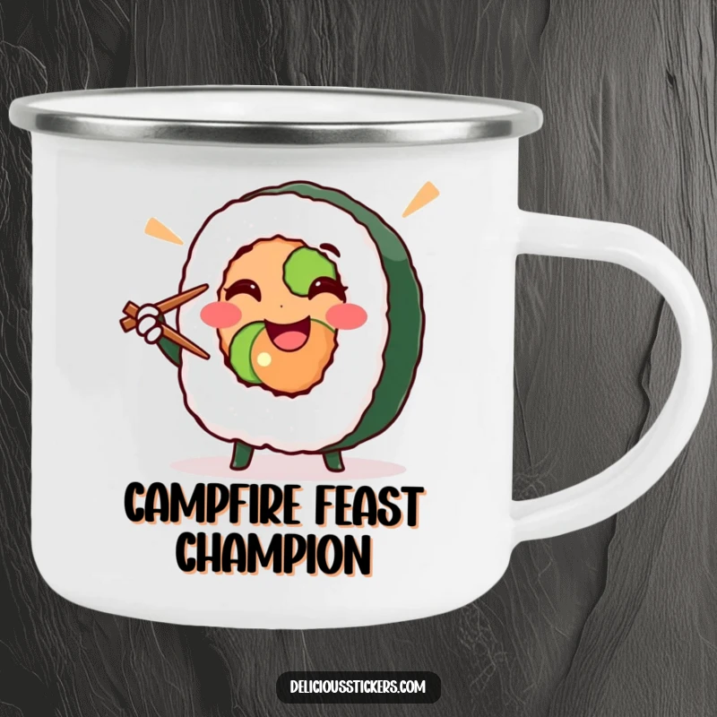 Funny sushi roll doing a victory pose with chopsticks, this enamel camping mug is food-themed and humorous, ideal funny gift.