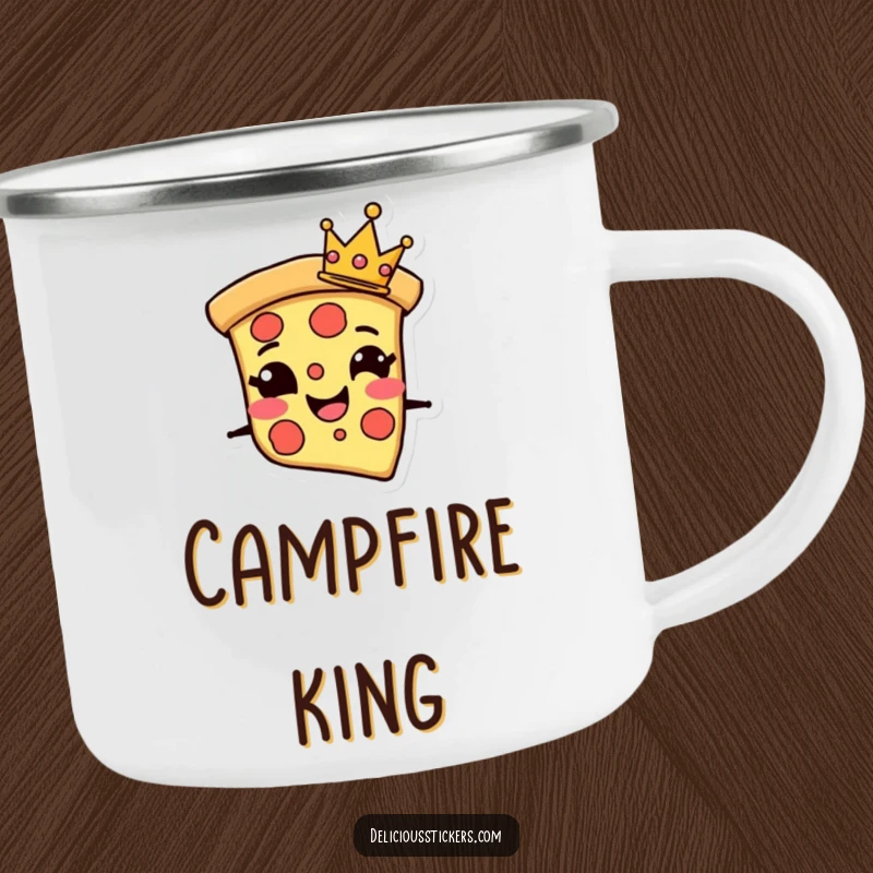 Funny Camping Mug featuring a grinning pizza slice character with a tiny crown, perfect for regal moments outdoors.