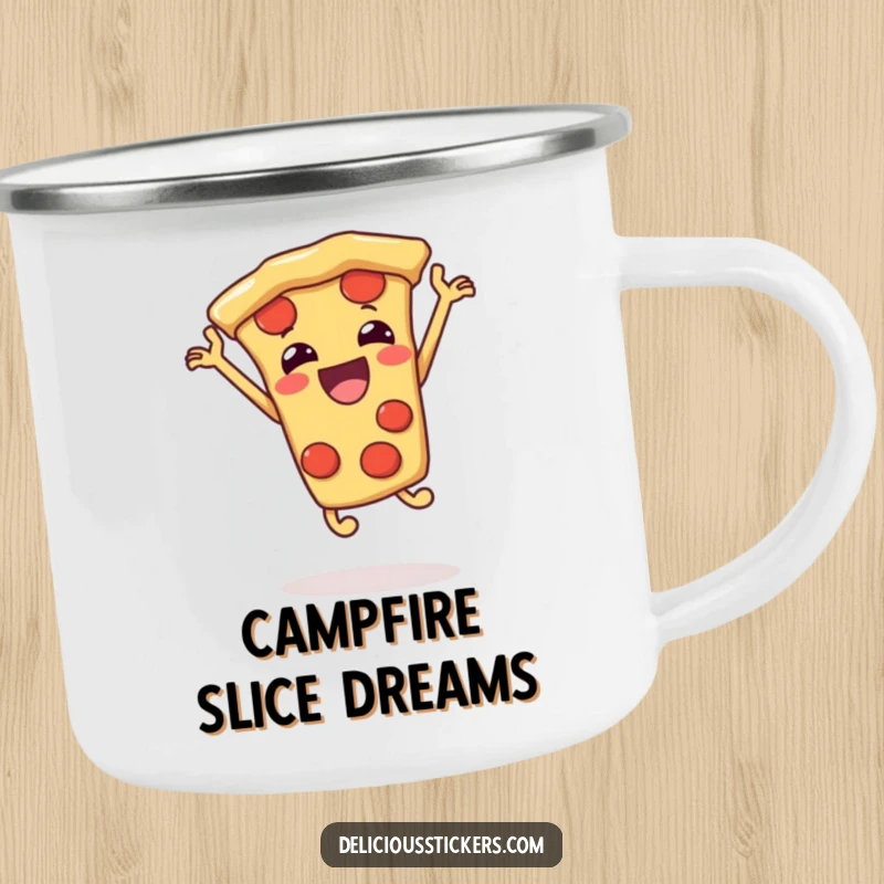 Funny pizza slice camping mug jumping, cartoon outdoor accessory, a humorous and durable item.