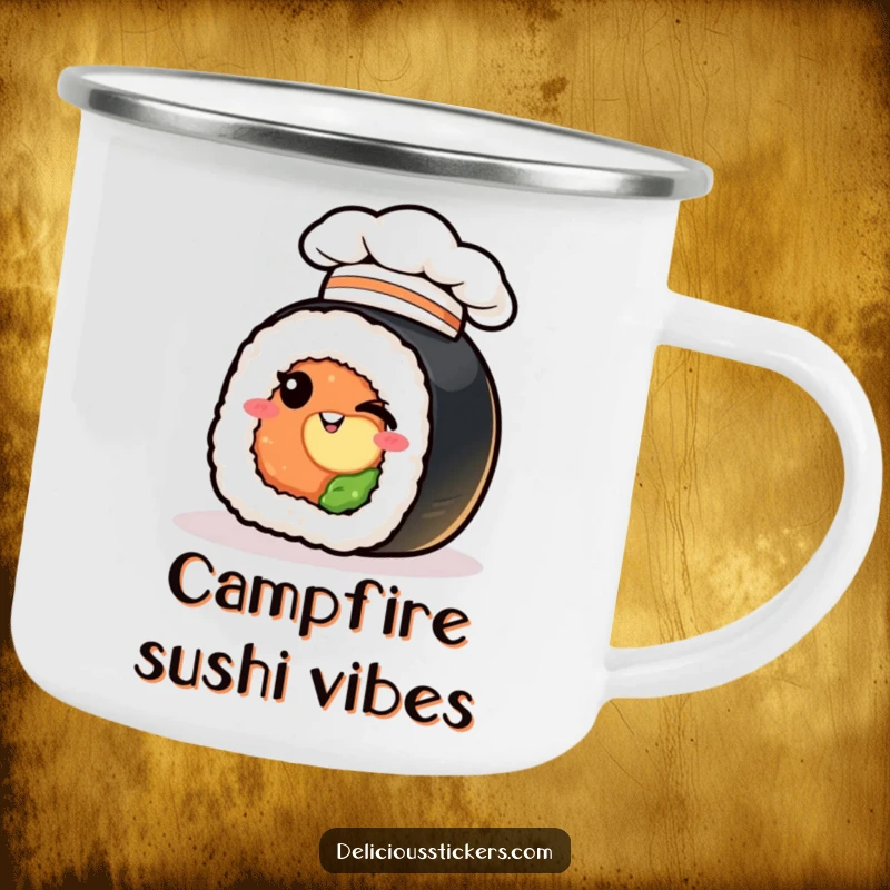 Funny sushi roll camping mug, winking chef hat, a durable cartoon for outdoor humor.