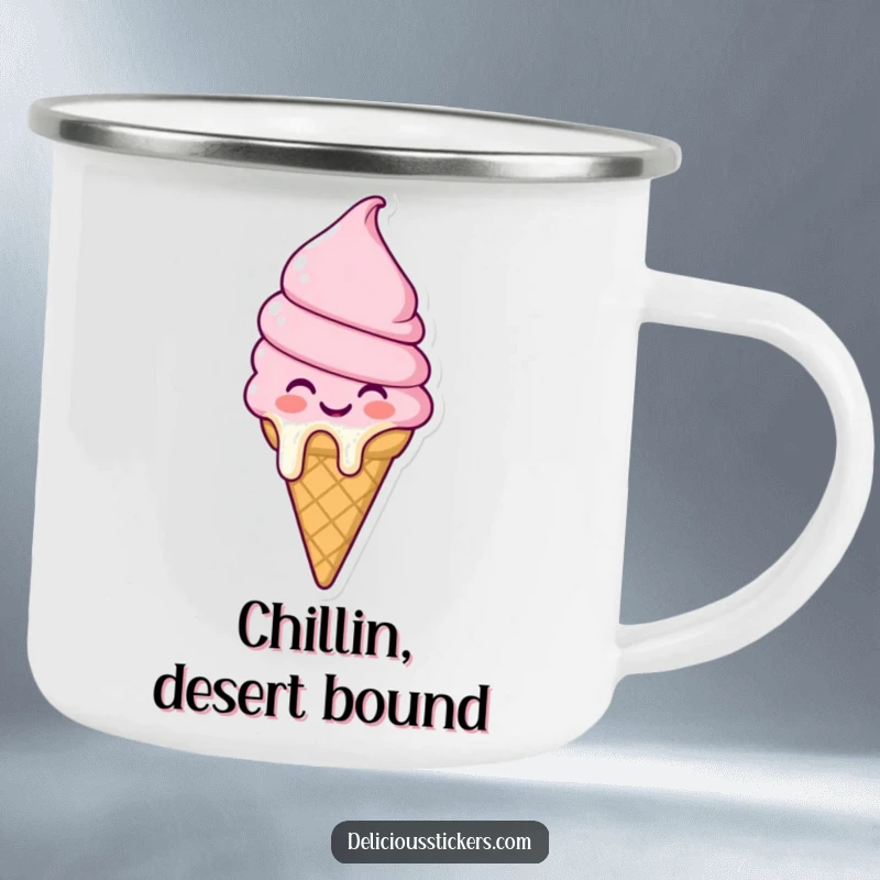 Funny melting ice cream cone camping mug character radiating joy, designed for outdoor adventures and sweet, delightful sips.