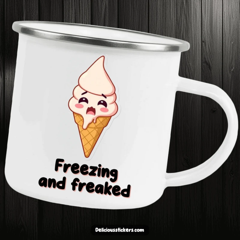 Funny shocked ice cream camping mug, an ice cream cone melts with shock and excitement, perfect for campfire stories.