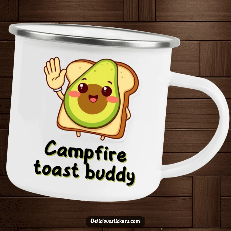 Funny avocado toast camping mug, a smiling avocado toast character giving a high five, for outdoor enthusiasts.