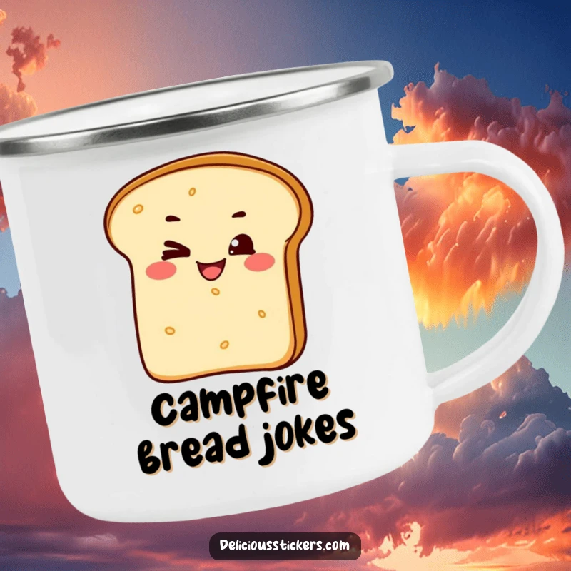 Funny camping mug with a cheeky bread loaf character winking and grinning, built for outdoor adventures and hearty laughs.