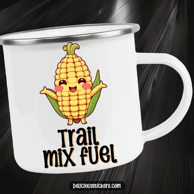Funny camping mug featuring a smiling corn cob character extending arms for a hug, ideal for outdoor enthusiasts and veggie fans.