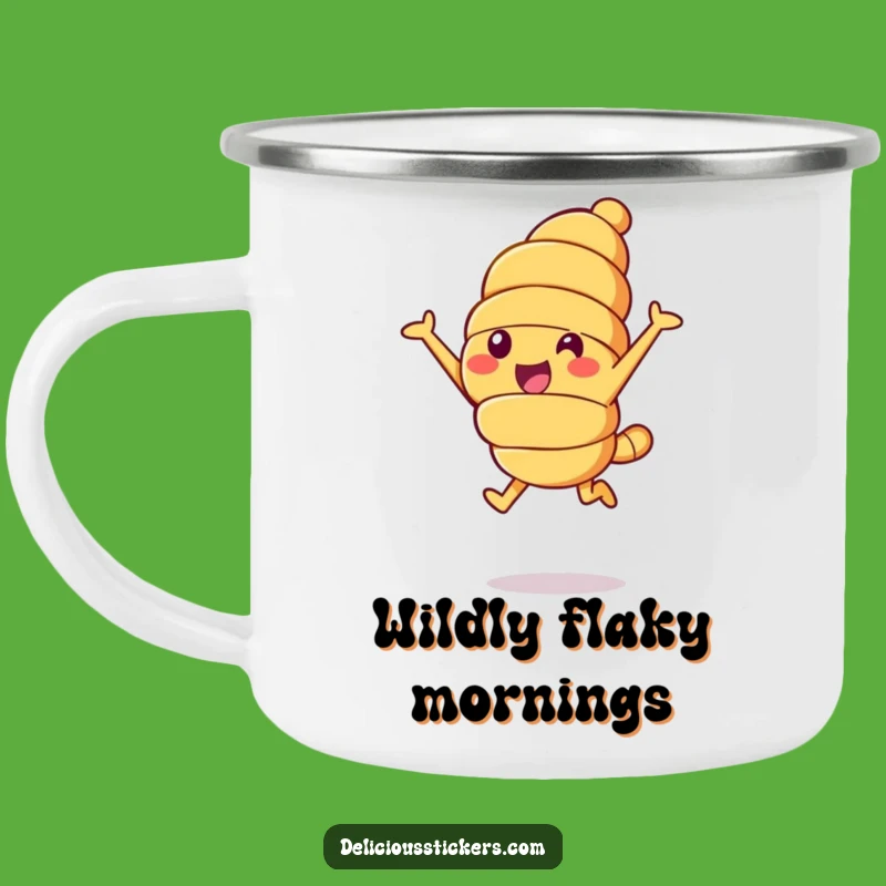 Funny Croissant Leap Camping Mug: Outdoor Pastry Joy, Rustic Humorous Gift