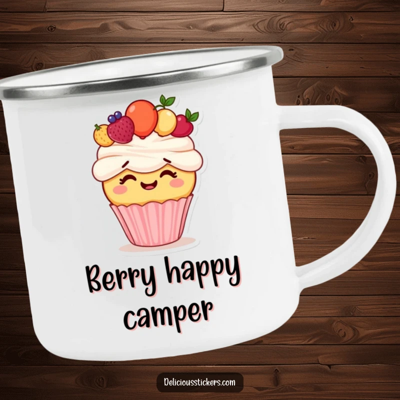 Funny camping mug with a giggling cupcake character trying to wear a fruit crown, ideal for sweet treats and outdoor adventures.