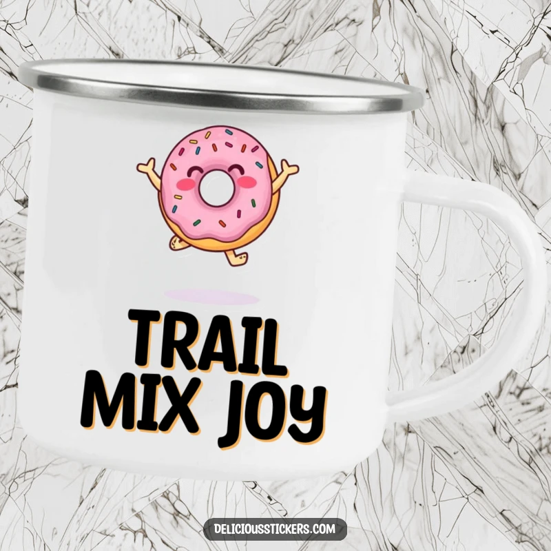 Funny Camping Mug featuring a jumping donut with sprinkles dancing, perfect for sweet moments during outdoor adventures.