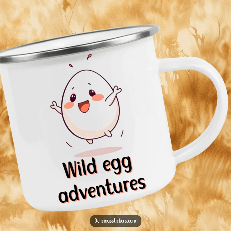 Funny camping mug with a cheerful egg character doing a silly flip, built for outdoor adventures and hearty laughs.
