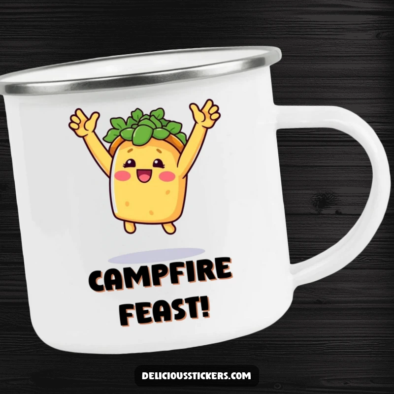 Funny fiesta camp mug showing a smiling taco doing a triumphant jump with arms raised, ready for camping.
