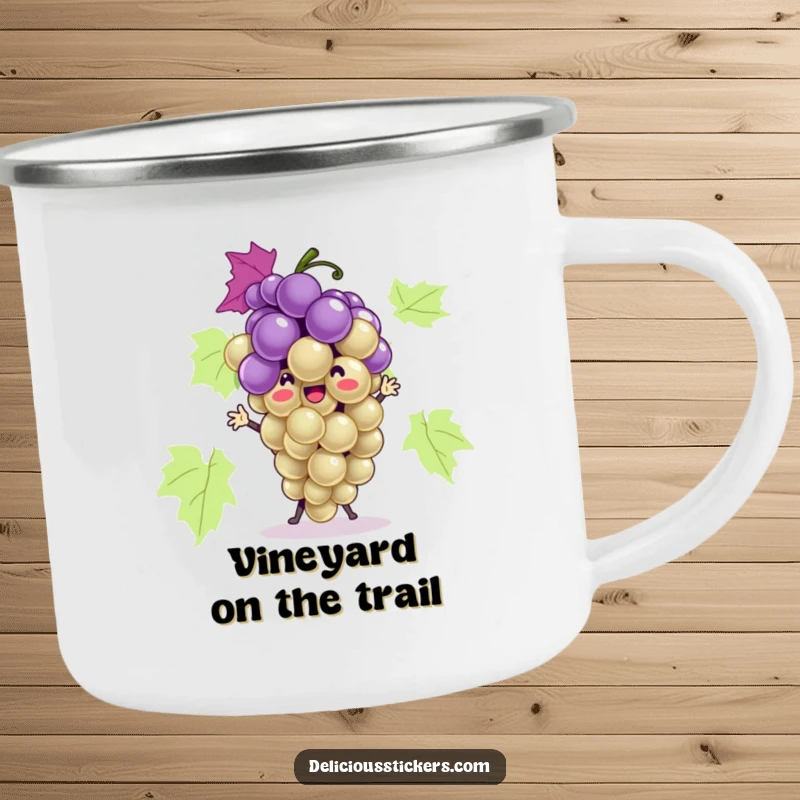 Funny grape bunch camping mug character dancing playfully, durable and charming for enjoying beverages during outdoor adventures.