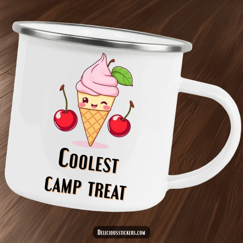 Funny ice cream cone winking and balancing cherries, this enamel camping mug is sweet and humorous, ideal funny gift.