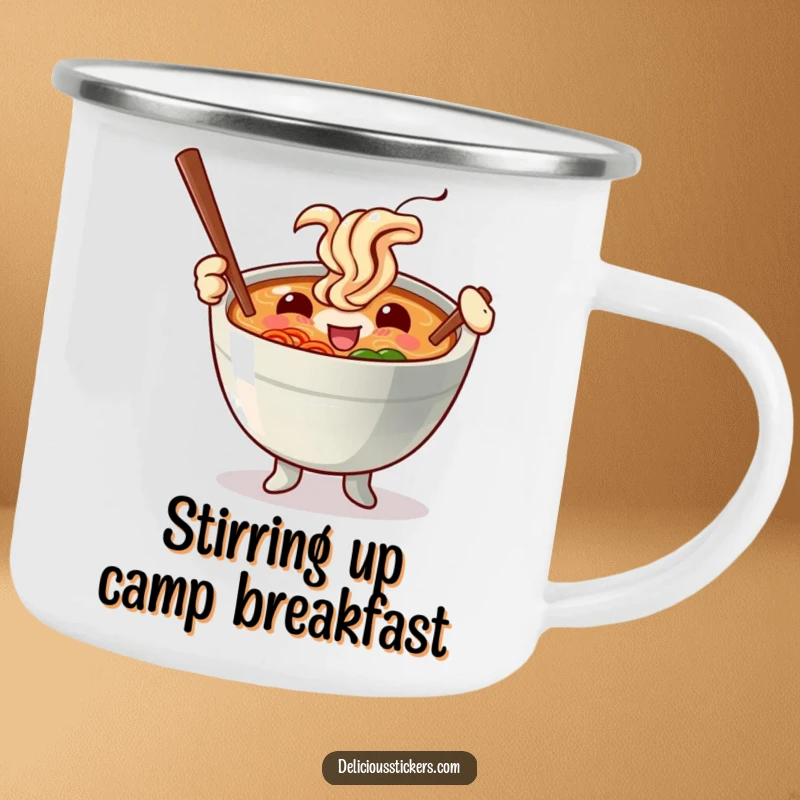 Funny camping mug with an excited ramen bowl character twirling chopsticks like vibrant batons, perfect for enjoying hot beverages in the wild.